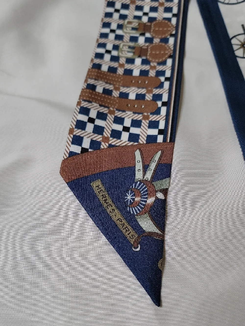 Hermes Authentic Navy and Brown Equestrian Twilly Scarf